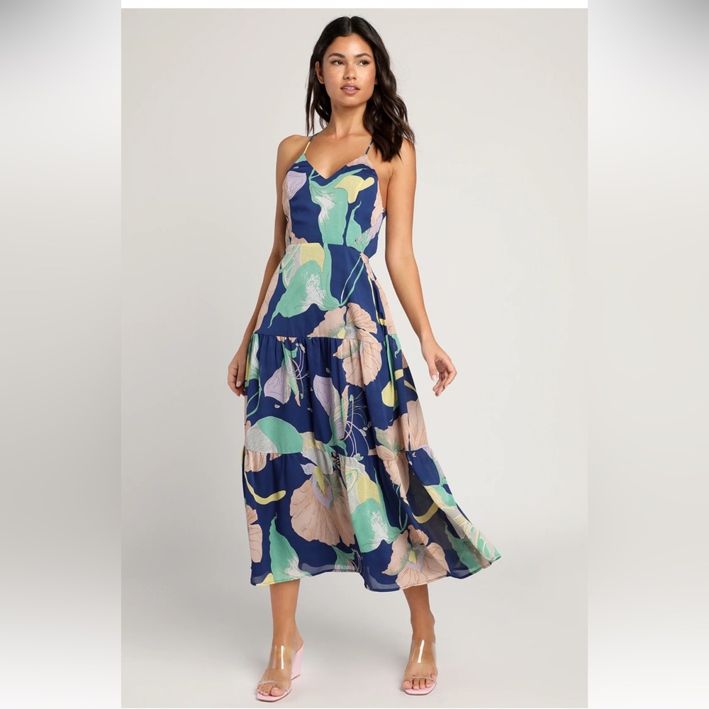 Hours of Flowers Blue Multi Floral Lace-Up Tiered Midi Dress